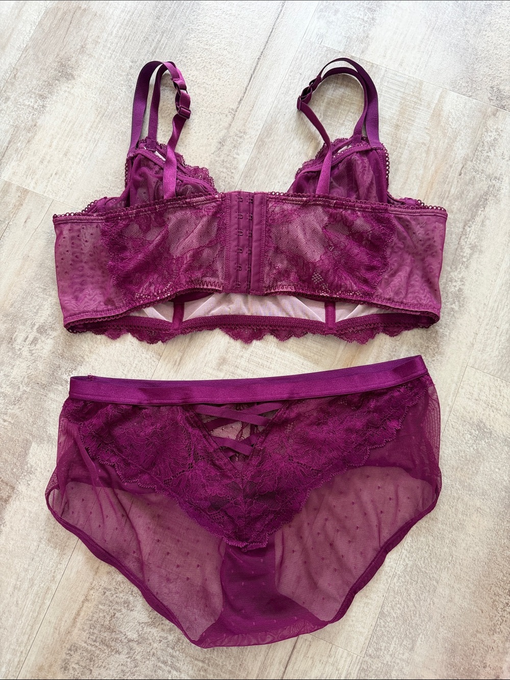 Sheer Lace Underwire Bralette & Brief Set - Deep Berry SET! - Picture 3 of 7